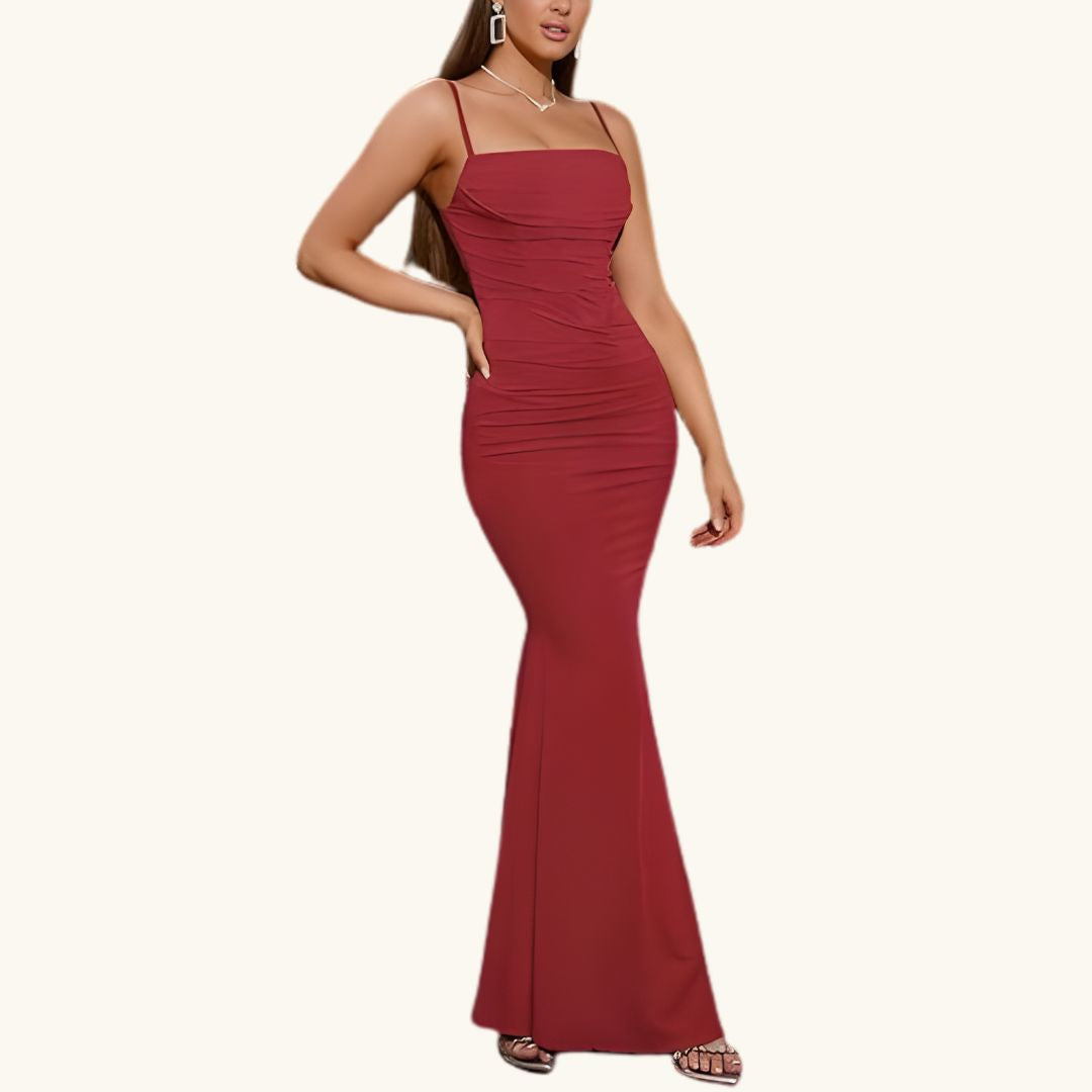 Isabelle - Elegantes Maxi-Abendkleid in Weinrot mit Raffungen