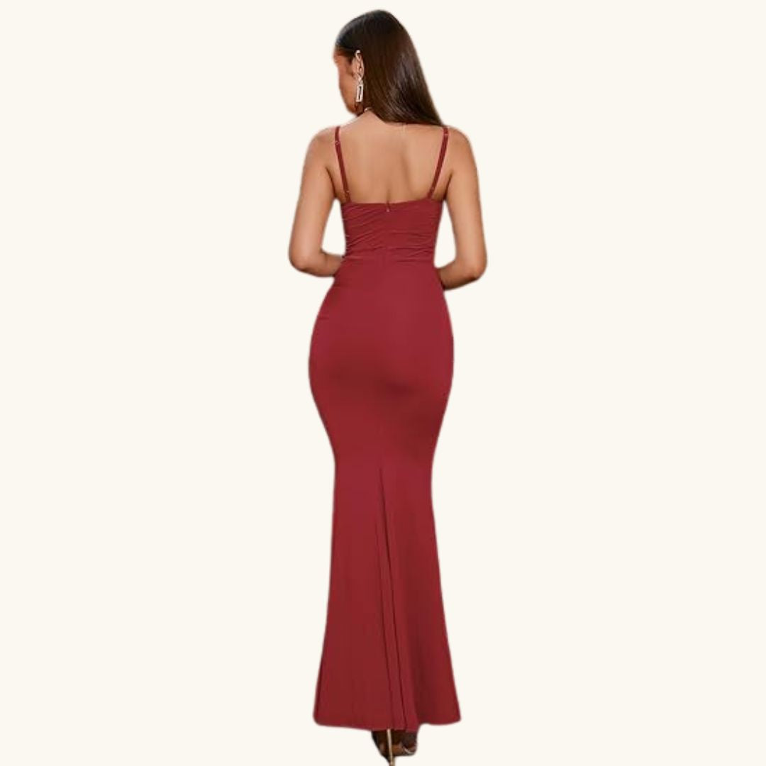 Isabelle - Elegantes Maxi-Abendkleid in Weinrot mit Raffungen