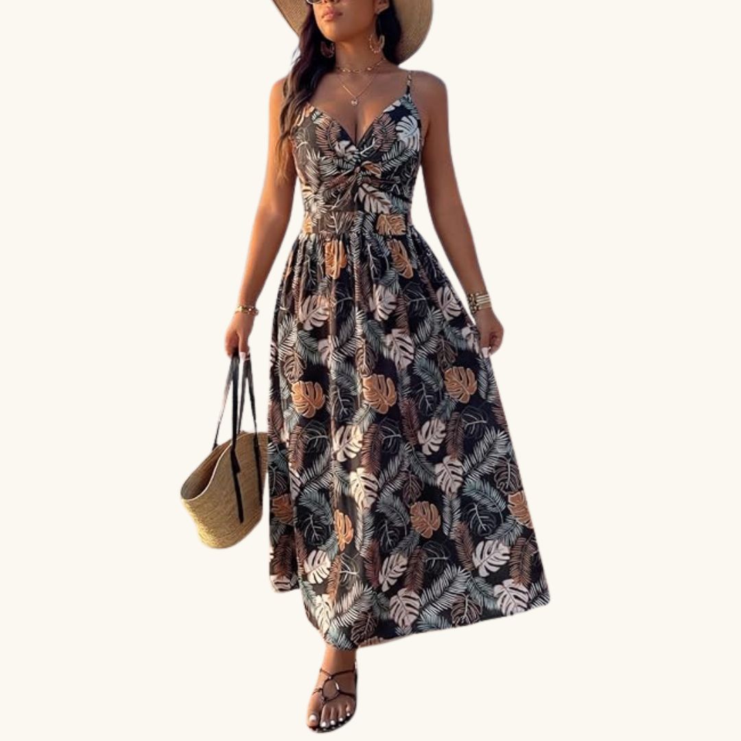 Clara - Elegantes Maxi-Sommerkleid mit tropischem Blättermuster