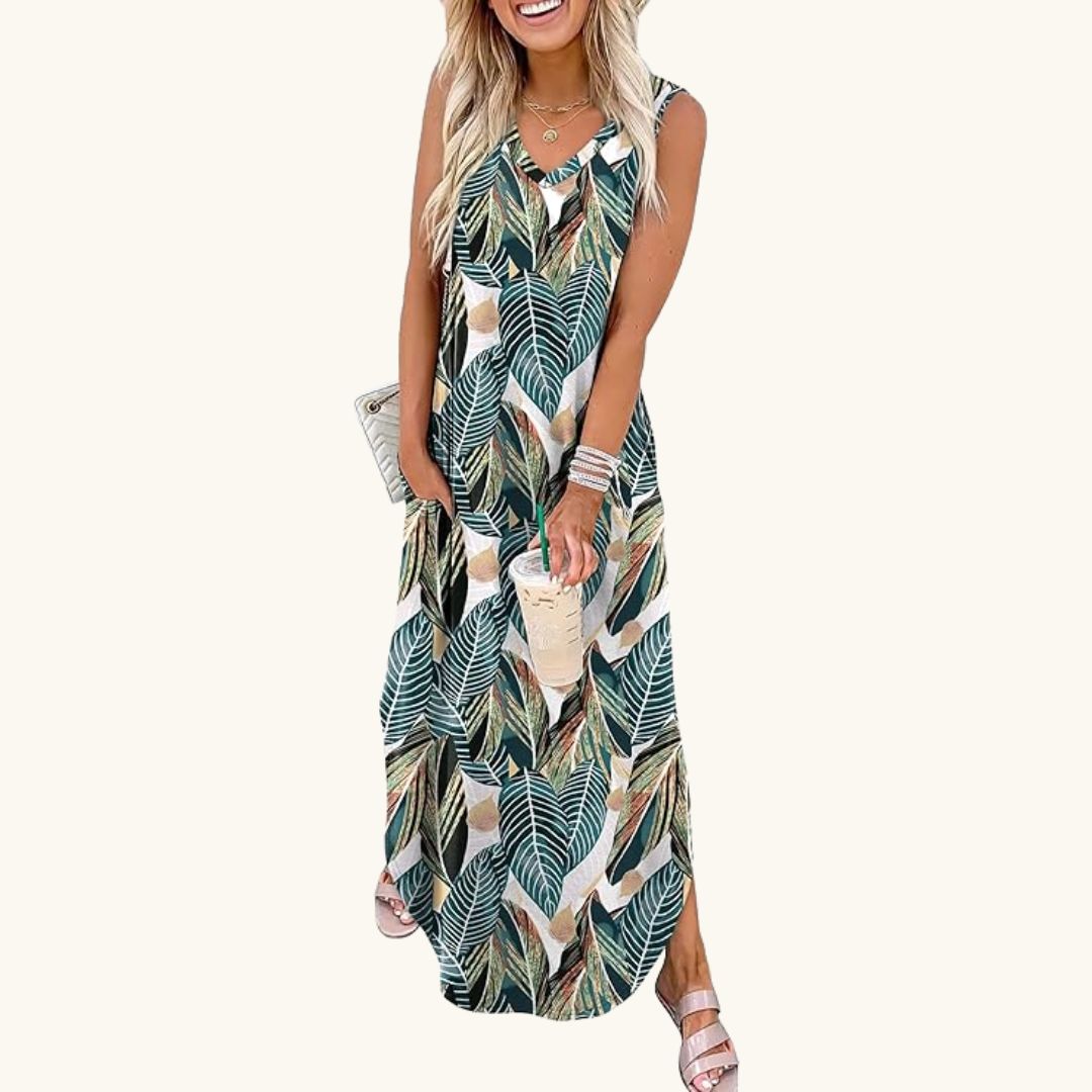 Hannah - Luftiges Maxi-Sommerkleid mit tropischem Palmenmuster