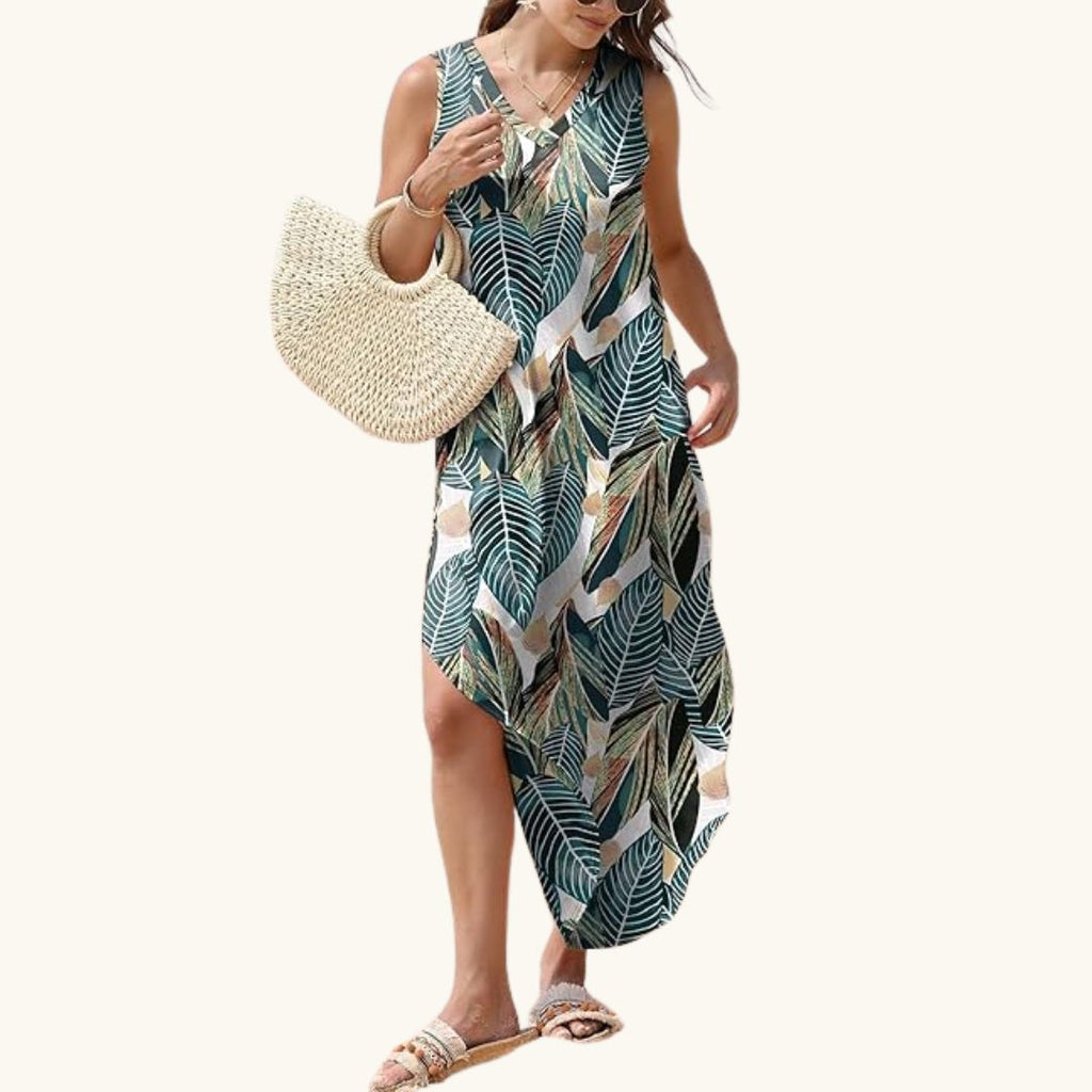 Hannah - Luftiges Maxi-Sommerkleid mit tropischem Palmenmuster