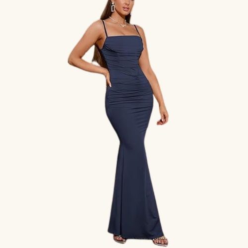 Elena - Elegantes Maxi-Abendkleid in Dunkelblau mit Raffungen