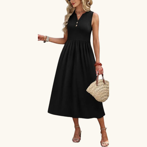 Emma - Elegantes Midi-Sommerkleid in Schwarz mit Knopfleiste