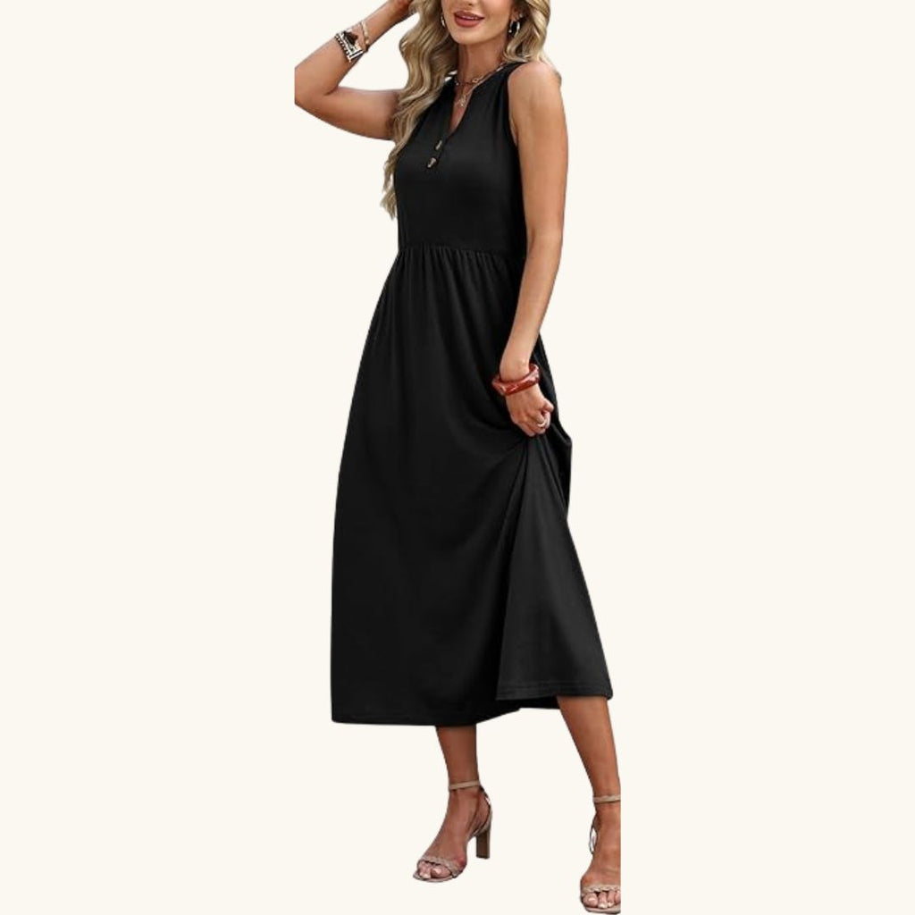 Emma - Elegantes Midi-Sommerkleid in Schwarz mit Knopfleiste