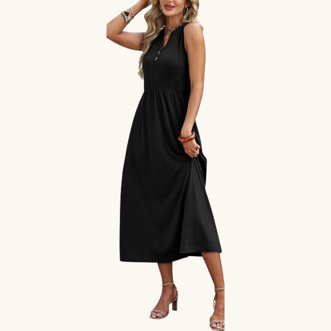 Emma - Elegantes Midi-Sommerkleid in Schwarz mit Knopfleiste