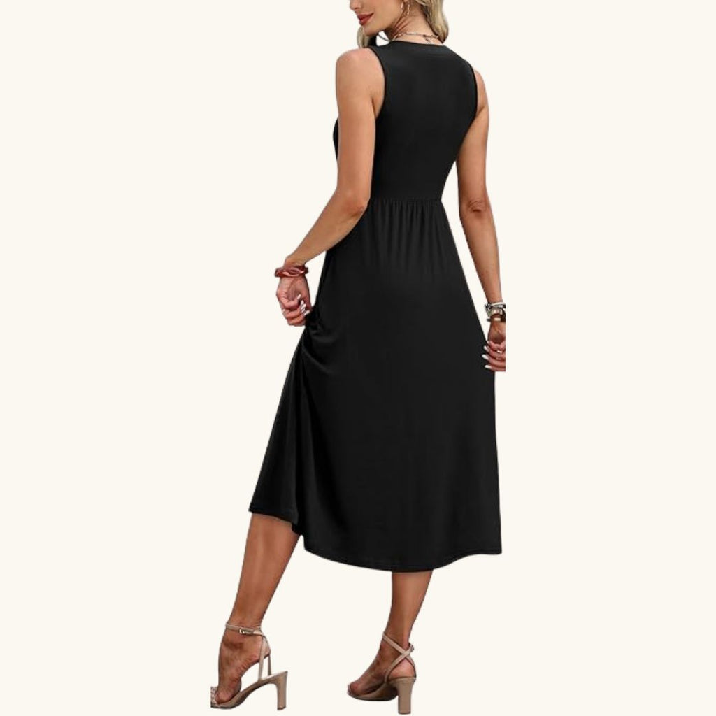 Emma - Elegantes Midi-Sommerkleid in Schwarz mit Knopfleiste