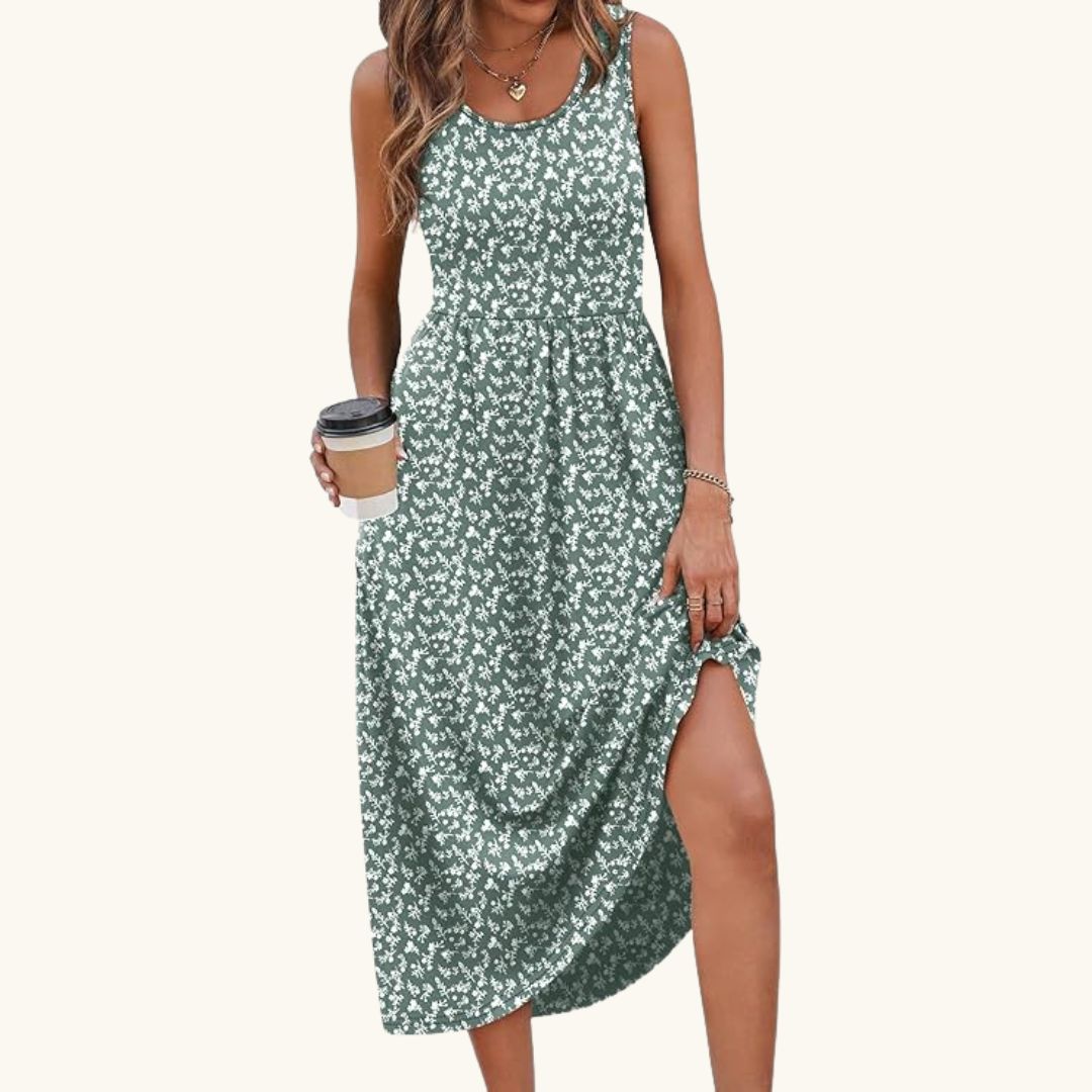Lina - Elegantes Midi-Sommerkleid in Salbeigrün mit Streublumenmuster