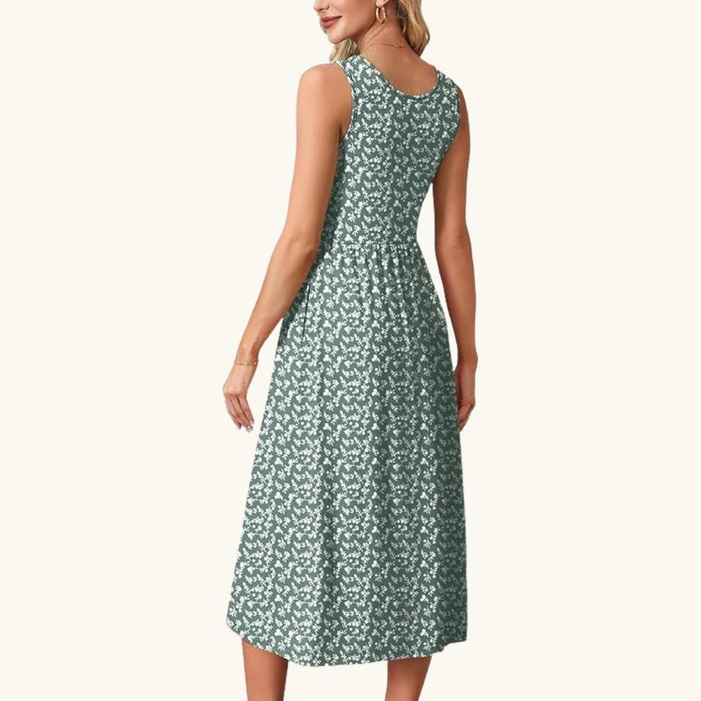 Lina - Elegantes Midi-Sommerkleid in Salbeigrün mit Streublumenmuster