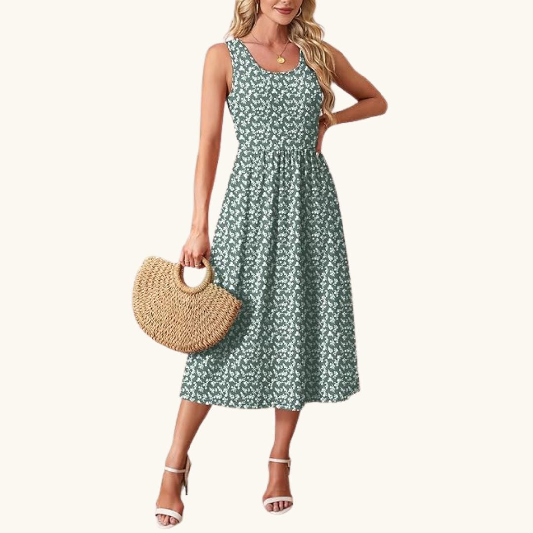 Lina - Elegantes Midi-Sommerkleid in Salbeigrün mit Streublumenmuster