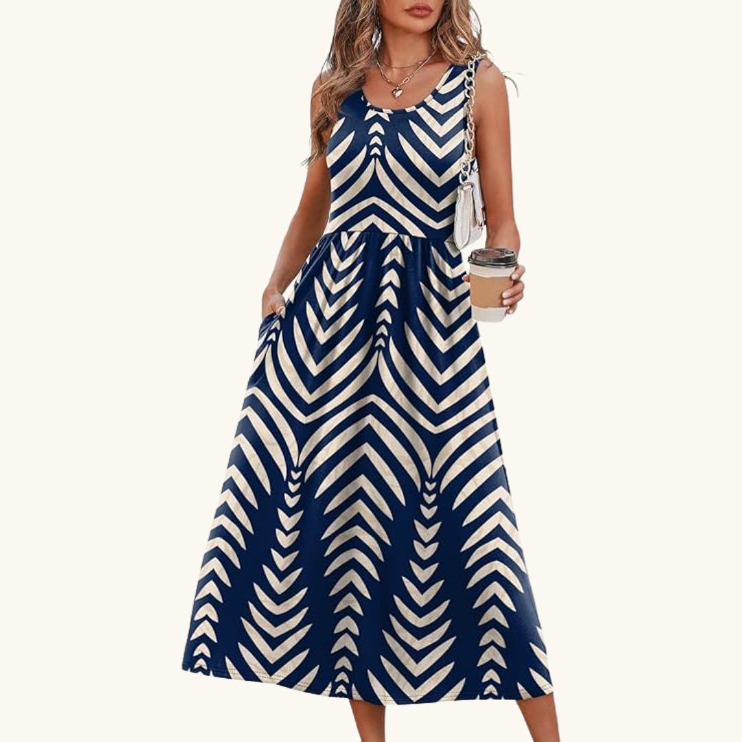 Lea - Elegantes Midi-Sommerkleid in Dunkelblau mit geometrischem Muster