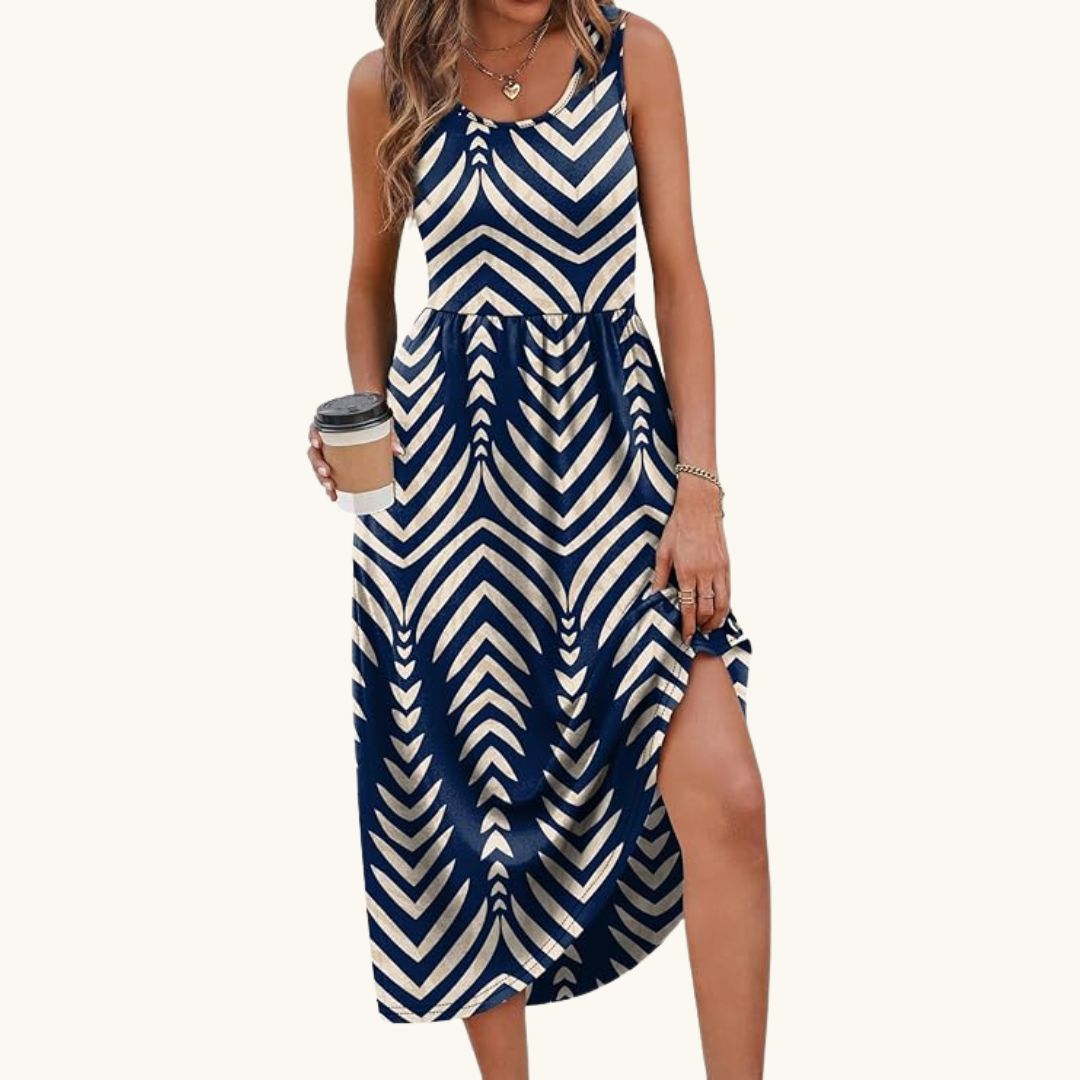 Lea - Elegantes Midi-Sommerkleid in Dunkelblau mit geometrischem Muster