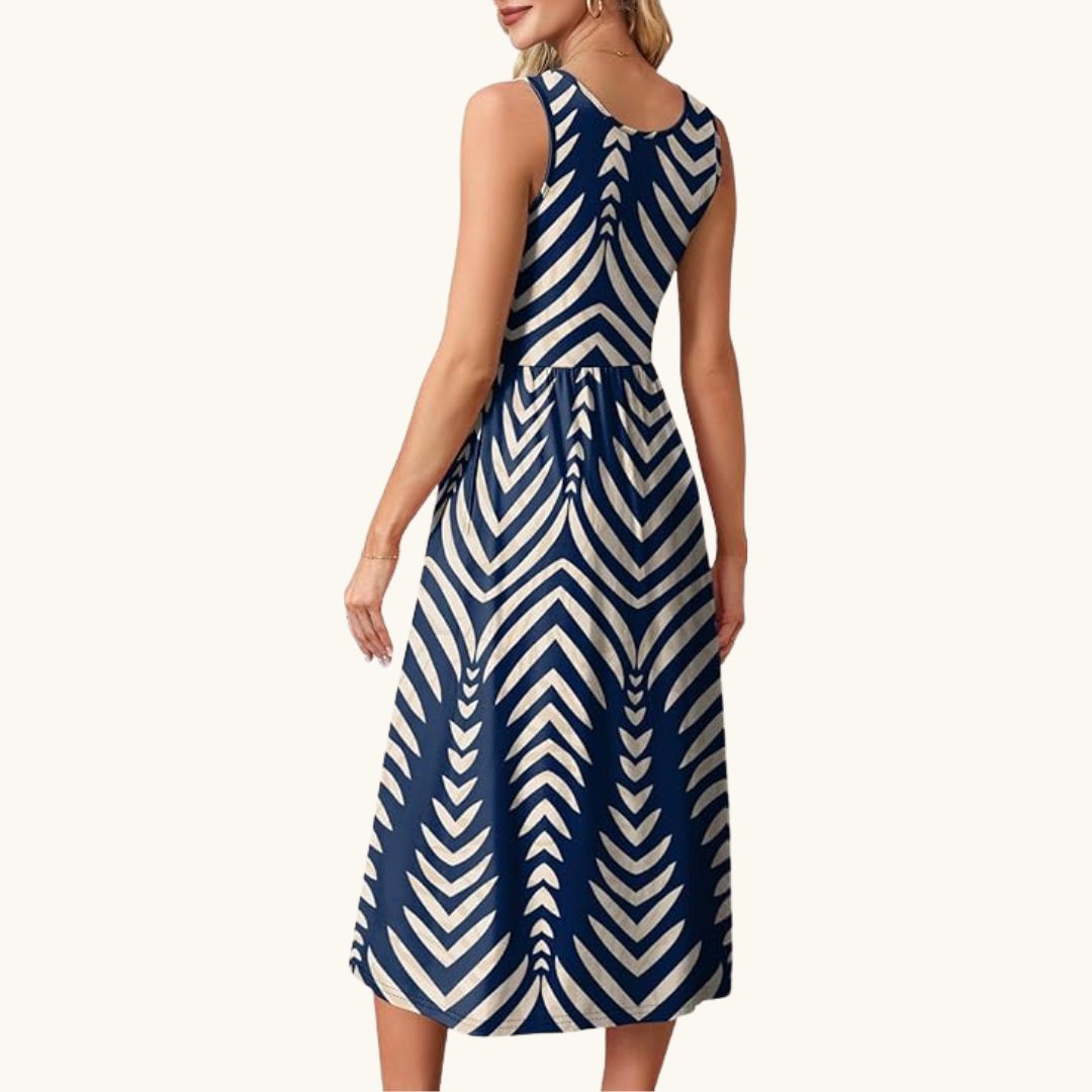 Lea - Elegantes Midi-Sommerkleid in Dunkelblau mit geometrischem Muster