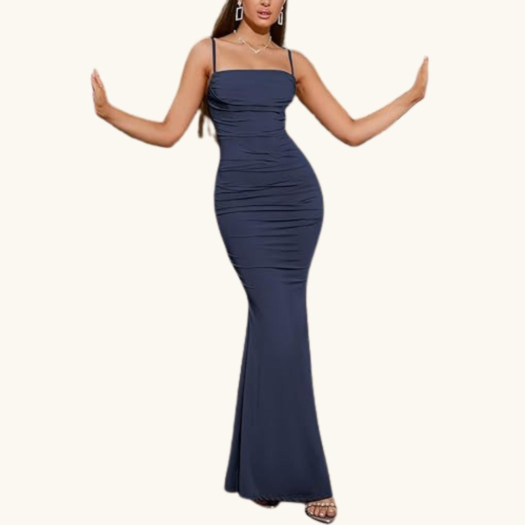 Elena - Elegantes Maxi-Abendkleid in Dunkelblau mit Raffungen