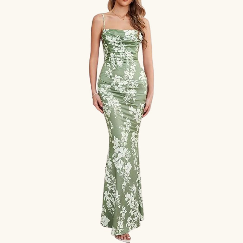 Sophia - Elegantes Maxi-Abendkleid in Salbeigrün mit Blumenmuster