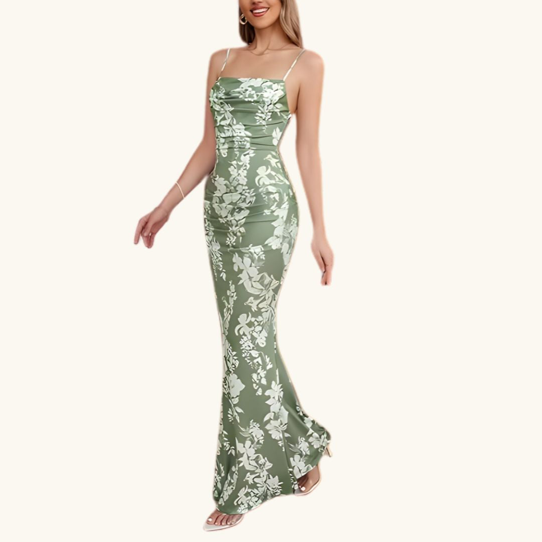 Sophia - Elegantes Maxi-Abendkleid in Salbeigrün mit Blumenmuster