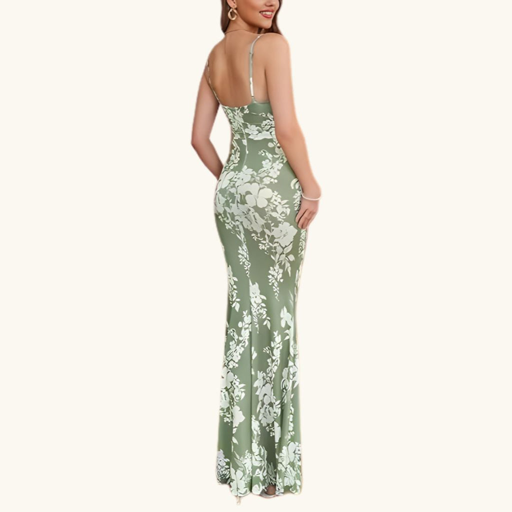 Sophia - Elegantes Maxi-Abendkleid in Salbeigrün mit Blumenmuster