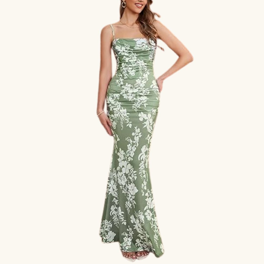Sophia - Elegantes Maxi-Abendkleid in Salbeigrün mit Blumenmuster